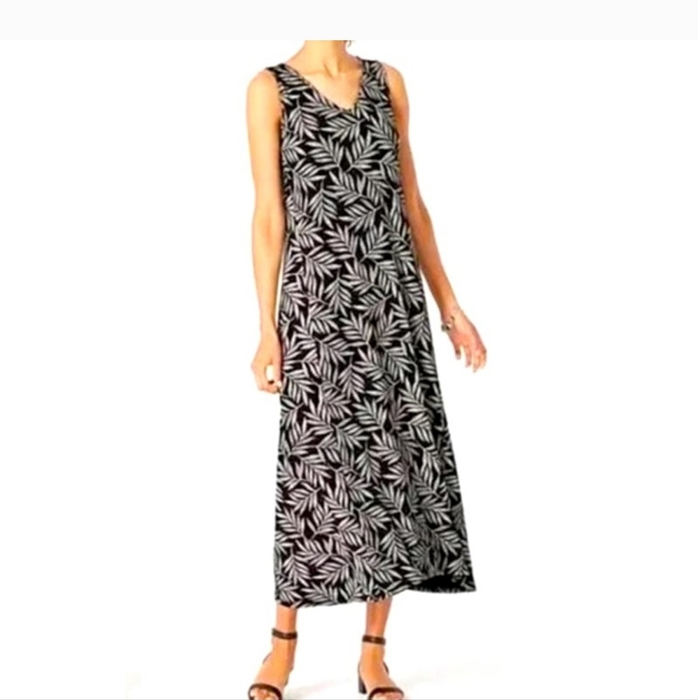 J. Jill Black and White Leaf Print Midi Dress